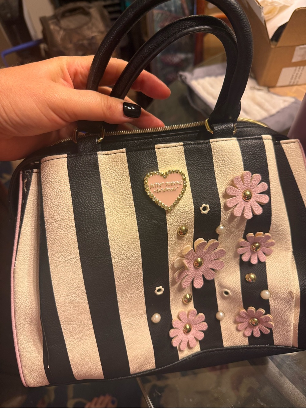Betsey Johnson Black and Cream Striped Mini Satchel with Pink Floral Appliqué